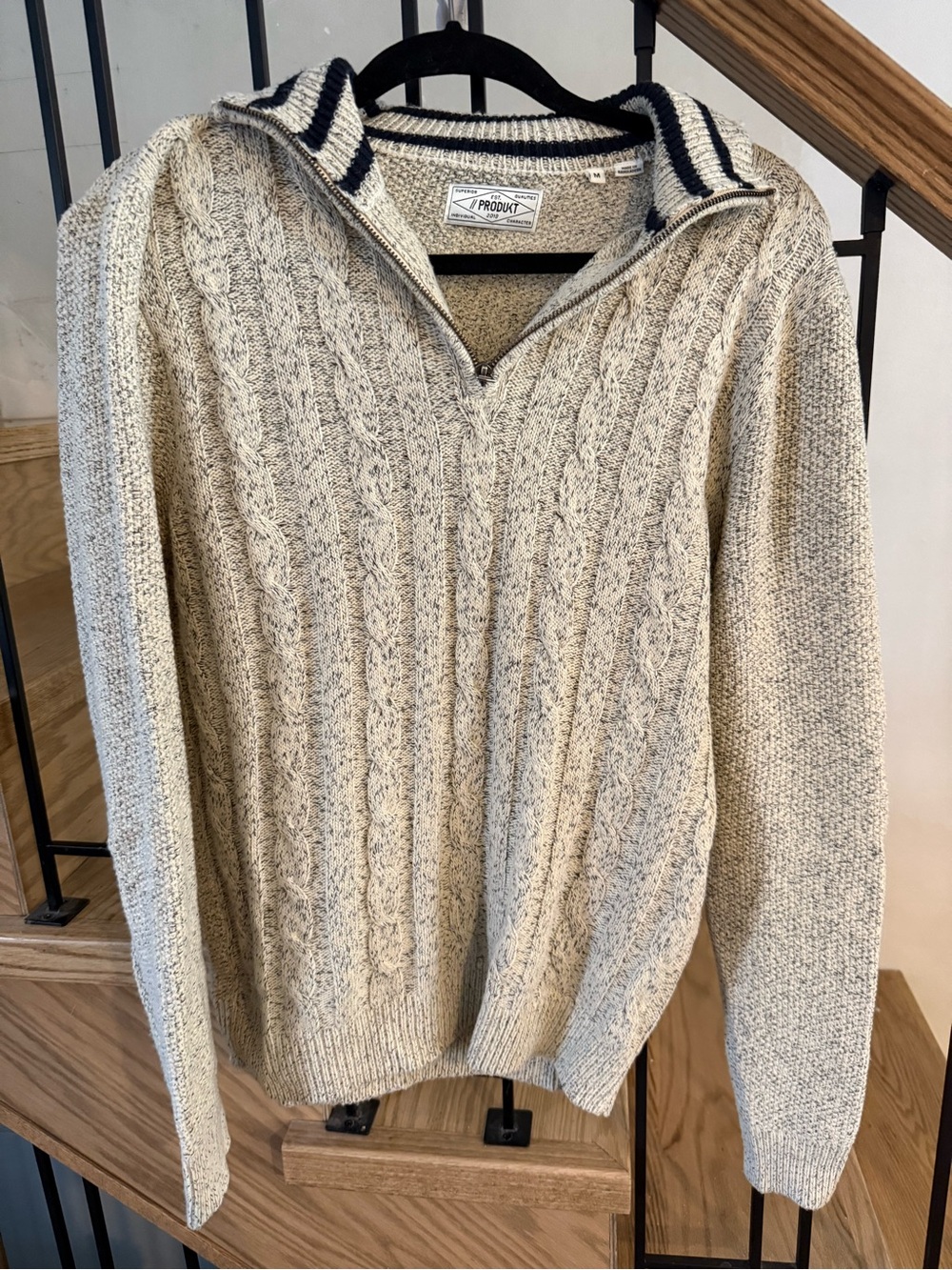 Men's Cable-Knit Half-Zip Sweater in Cream with Navy-Trim Collar